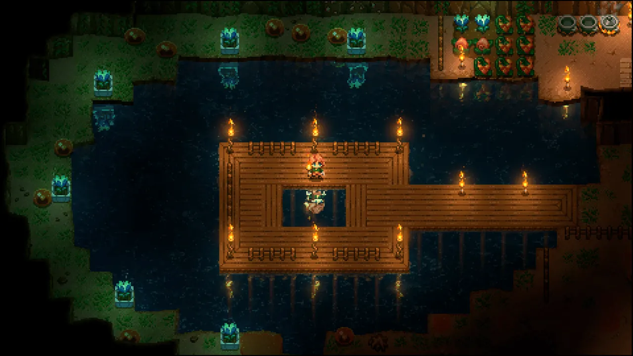 An underground base and waterways in Core Keeper