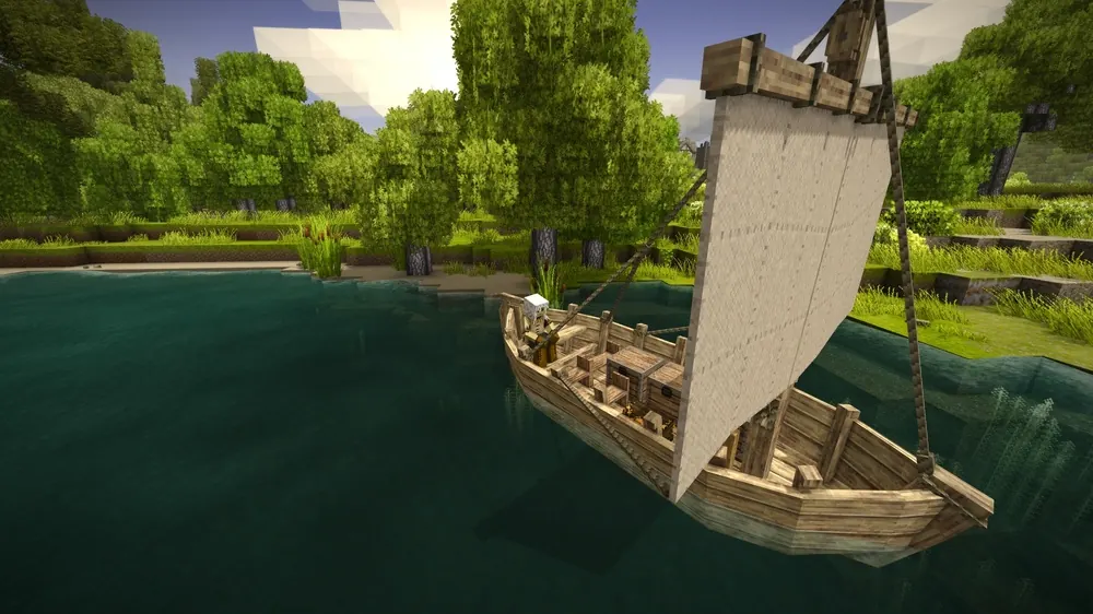 A sailboat crossing a green Vintage Story world