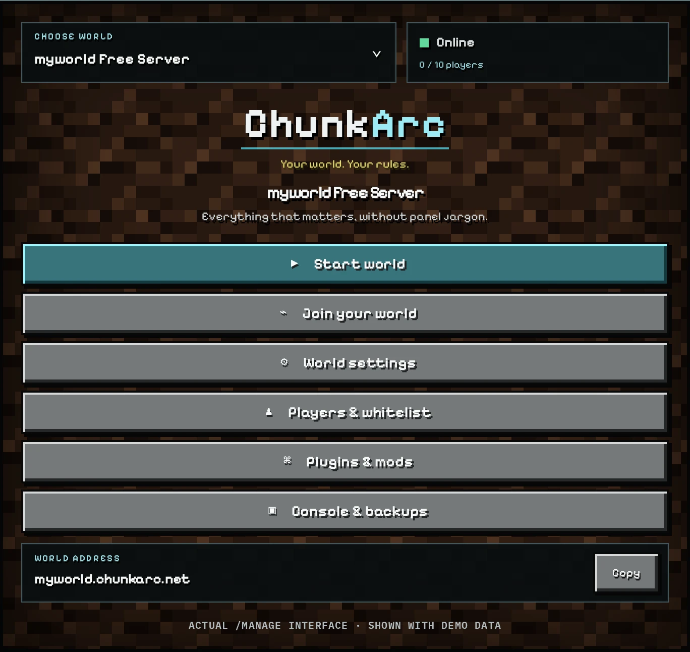 Panel de ChunkArc — datos de demostración